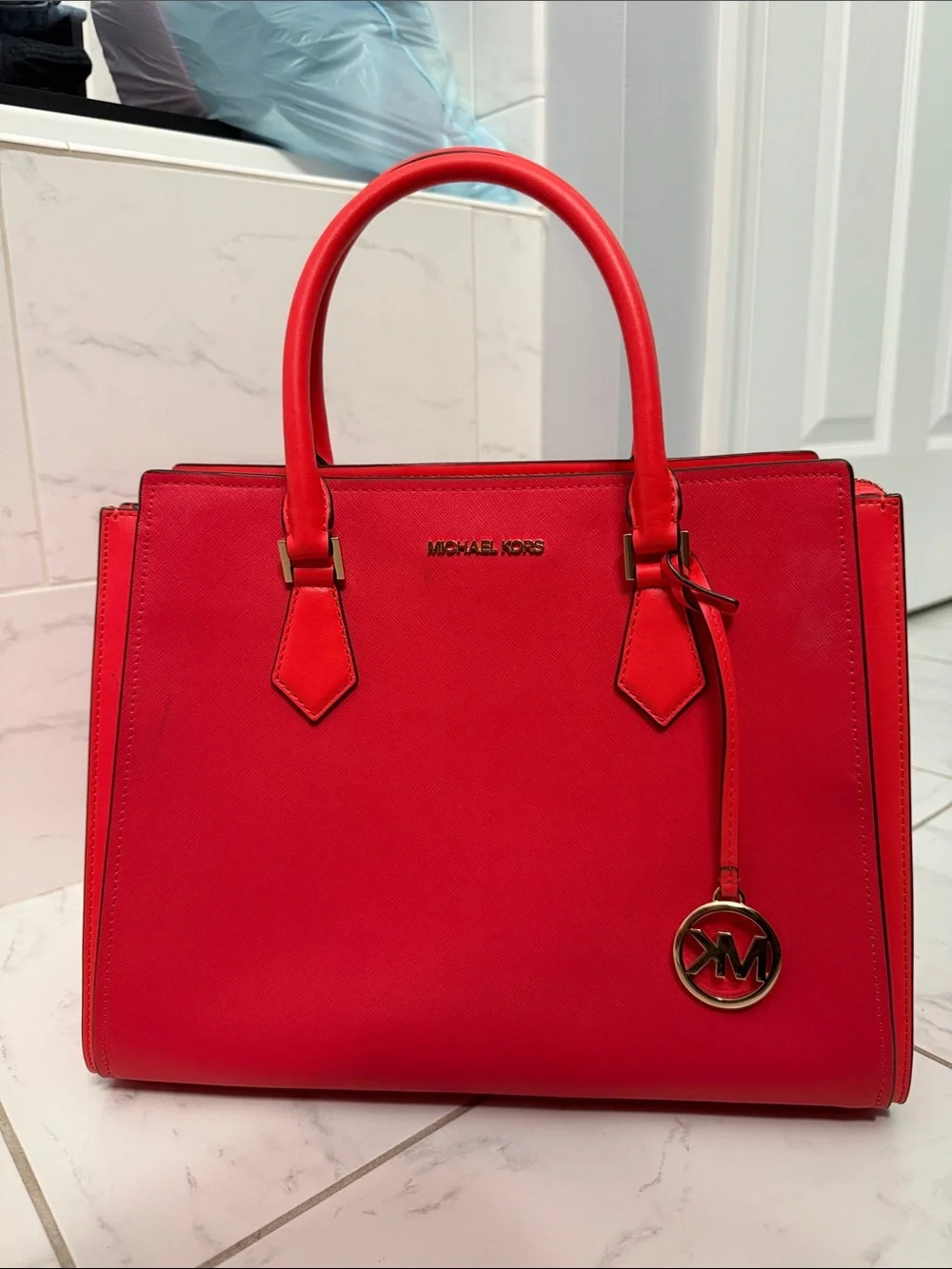 Michael Kors Red Saffiano Satchel with Gold Logo Charm